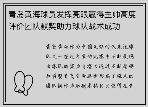 青岛黄海球员发挥亮眼赢得主帅高度评价团队默契助力球队战术成功