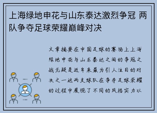 上海绿地申花与山东泰达激烈争冠 两队争夺足球荣耀巅峰对决