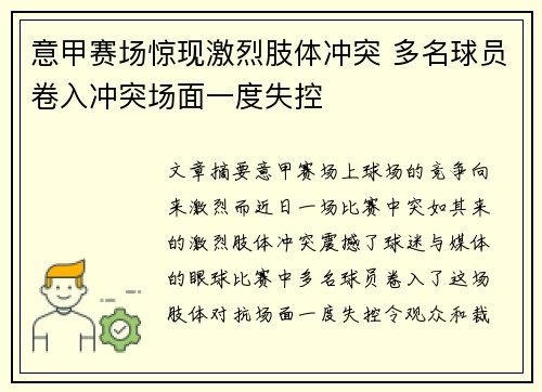 意甲赛场惊现激烈肢体冲突 多名球员卷入冲突场面一度失控